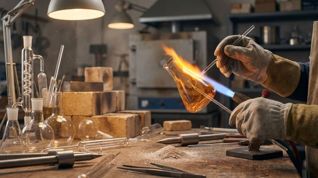 Glassblower repairing borosilicate glassware in a Professional Workshop