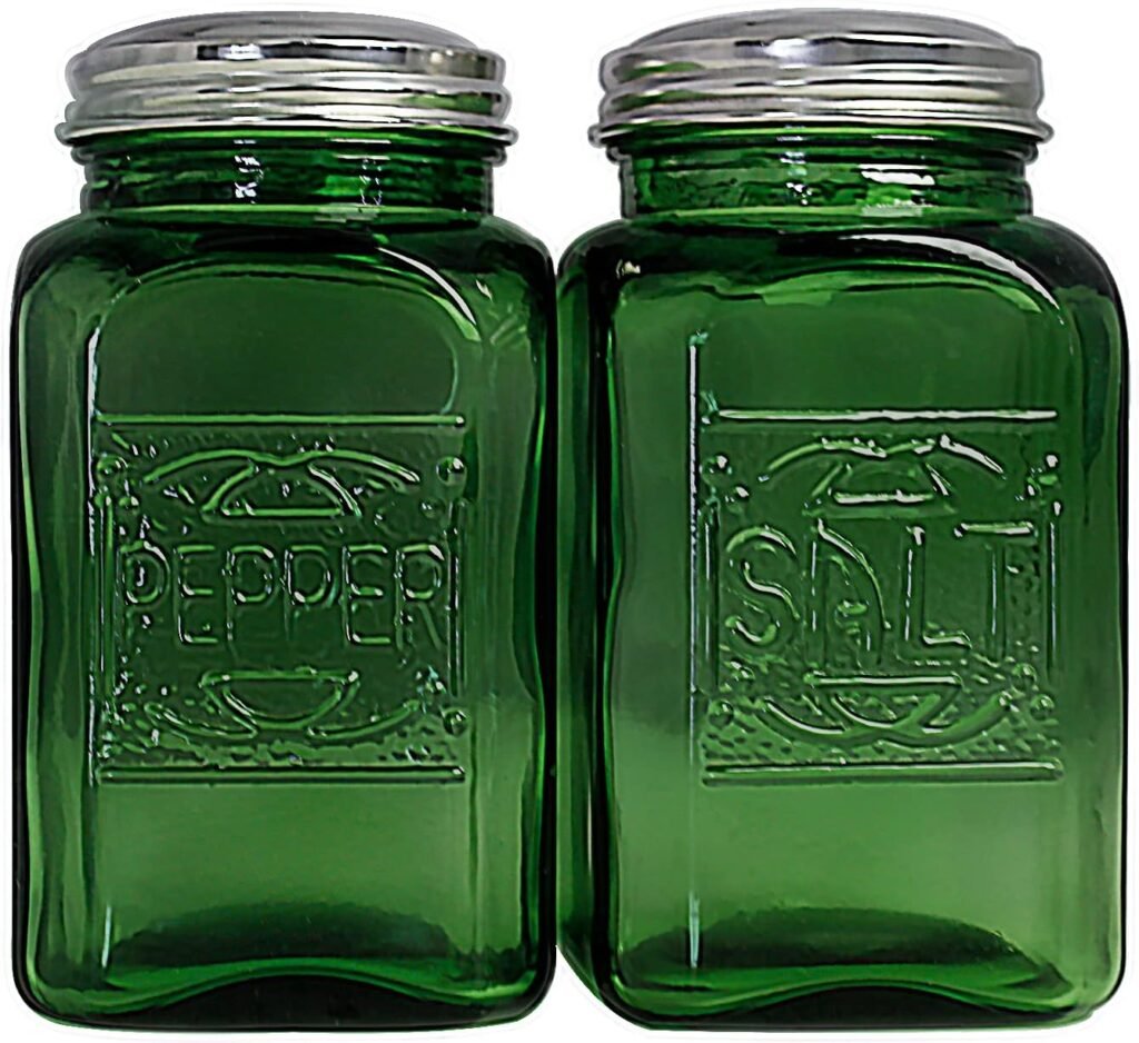 Green depression style glass salt and pepper shakers