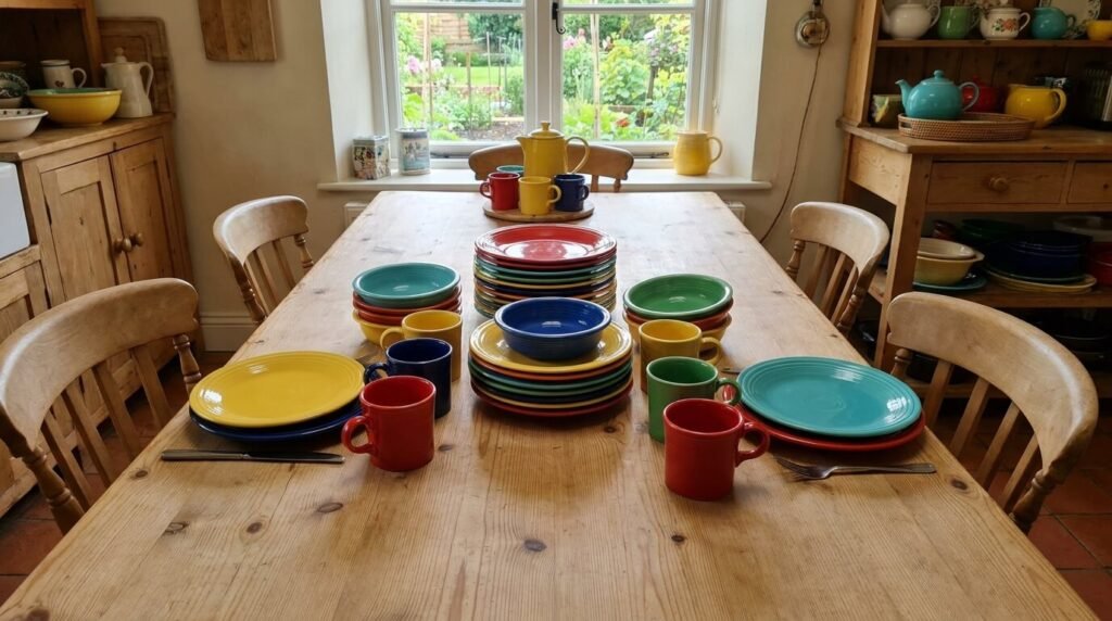 Different colors of Fiestaware dinnerware on a table